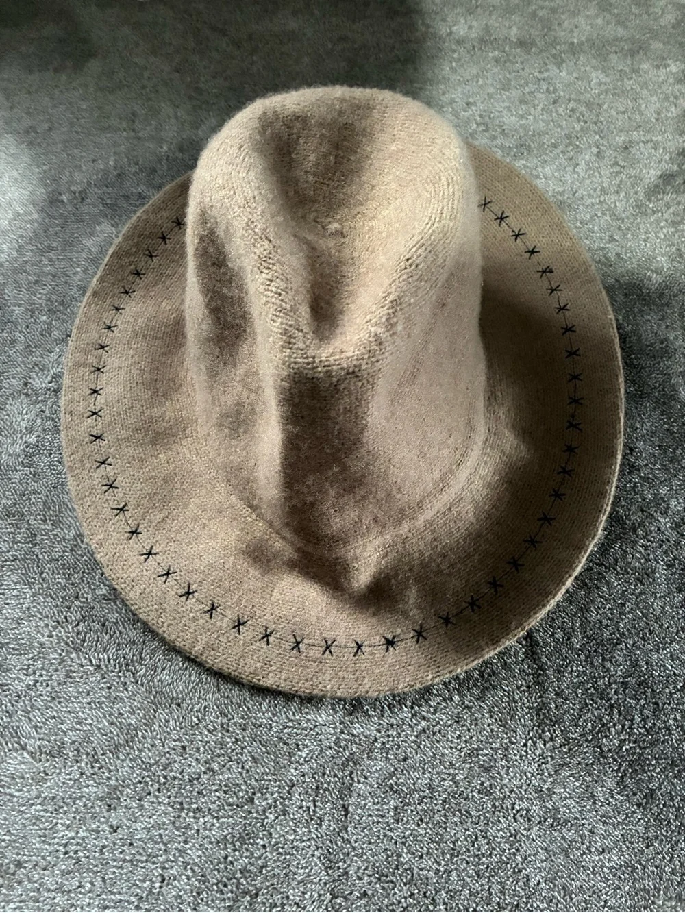 100% Wool Beige Bucket Hat Decorative Stitching Slouchy Vacation Moldable 7 1/8